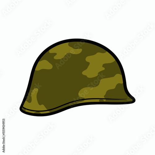 A militarystyle helmet with a green camouflage pattern outlined in black on a white background