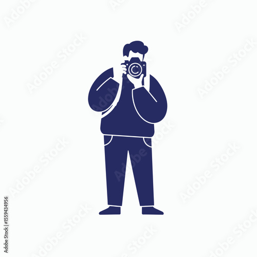 A minimalist dark blue illustration of a person taking a photograph