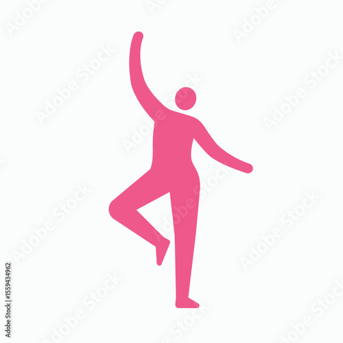 A pink pictogram of a person in a dancing or yoga pose