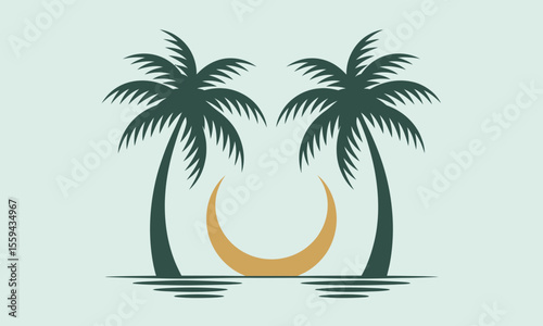 A minimalist illustration of two palm trees flanking a crescent moon over water