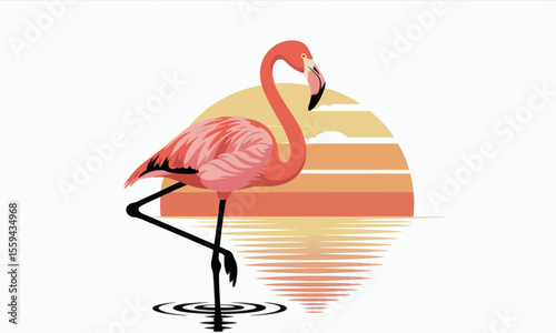 A pink flamingo stands on one leg in water before a striped retro sunset with its reflection on the waters surface