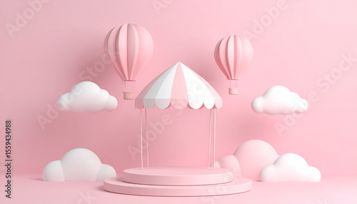 A space with a cute tent and a pedestal for the product against a soft color background.
