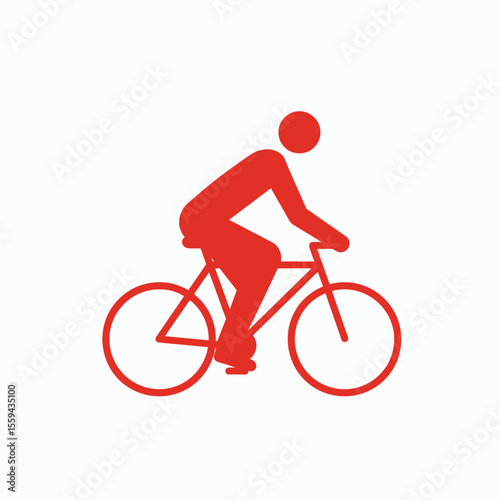 A red pictogram of a person riding a bicycle on a white background