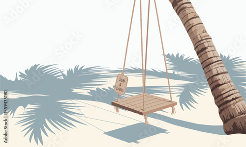 A rope swing hanging from a palm tree on a sandy beach with shadows of palm leaves