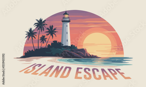 A retrostyle illustration of an island with a lighthouse palm trees and the text Island Escape at sunset