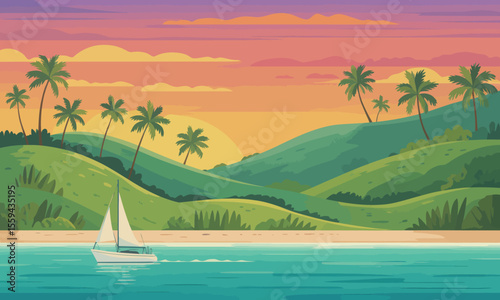 A sailboat cruises along a tropical coast with palm trees and rolling hills at sunset