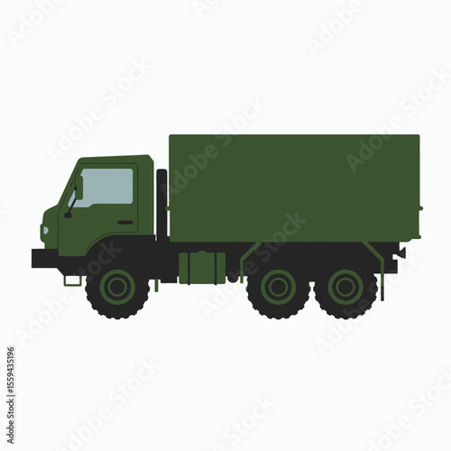 A sideview illustration of a green military cargo truck on a white background