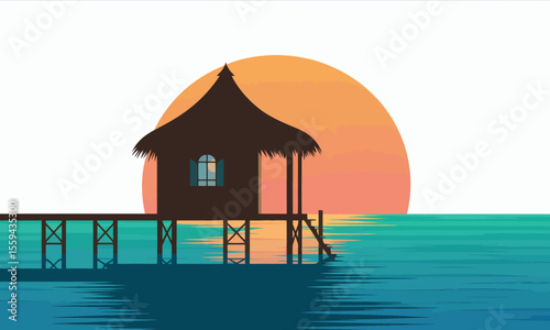 A silhouette of a stilt bungalow over the ocean at sunset