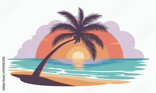A silhouetted palm tree on a tropical beach during a vibrant sunset