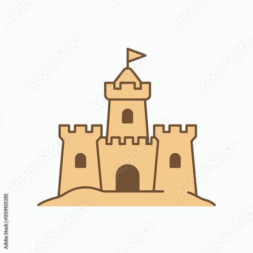 A simple illustration of a sandcastle with three towers and a small flag on a white background