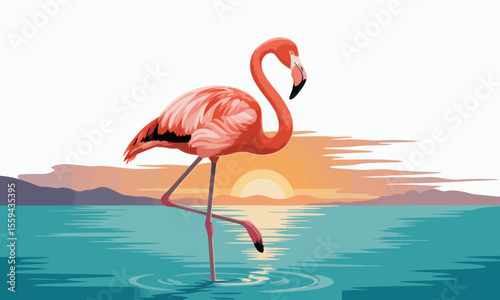 A single pink flamingo stands in tranquil water against a vibrant sunset