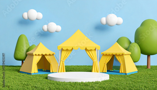 A space with a cute tent and a pedestal for the product against a soft color background.