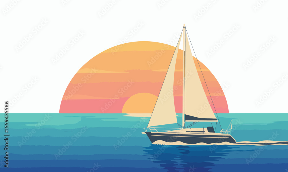 Fototapeta premium A stylized pixelated illustration of a sailboat on the ocean at sunset