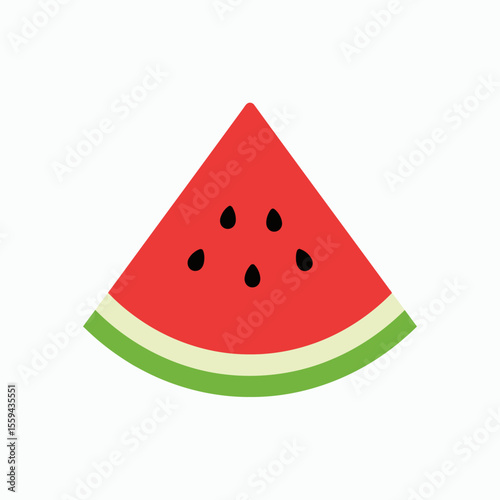 A stylized illustration of a triangular slice of watermelon with five black seeds and a green and white rind