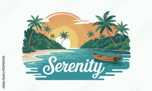 A stylized illustration of a tropical beach at sunset with the word Serenity in the foreground