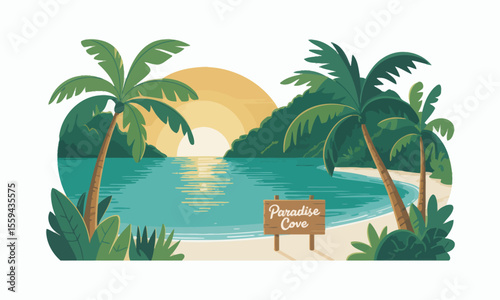 A stylized tropical beach scene called Paradise Cove at sunset with palm trees framing the view
