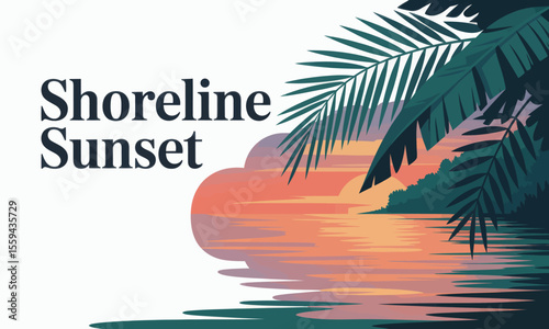 A tropical sunset illustration with palm fronds and the text Shoreline Sunset