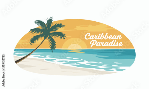 A vector illustration of a tropical beach at sunset with a palm tree ocean and the words Caribbean Paradise