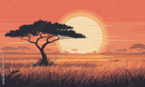 A vast savanna landscape at sunset with a silhouetted acacia tree in the foreground