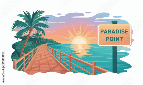 A tropical sunset over the ocean with a wooden boardwalk and a Paradise Point sign