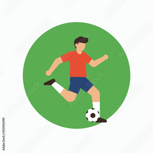 An illustration of a male soccer player in a red shirt and blue shorts kicking a soccer ball set against a green circular background
