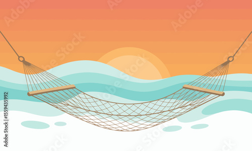An empty hammock hangs on a beach in front of the sea and a setting sun