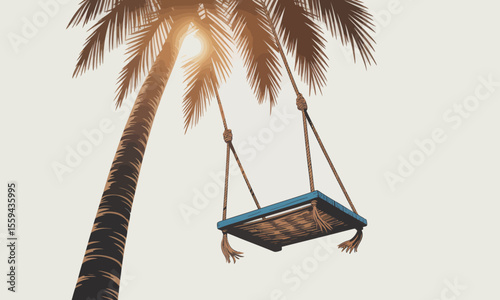 An empty rope swing hangs from a palm tree with the suns rays peeking through the fronds
