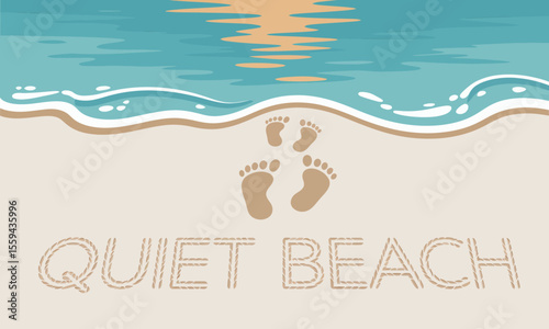 An illustration of a tranquil beach with footprints of an adult and a child and the words Quiet Beach in the sand