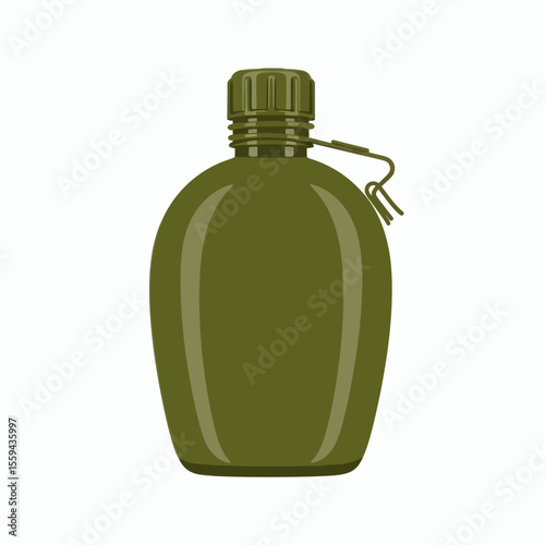 An olive drab militarystyle water canteen with a screwon cap