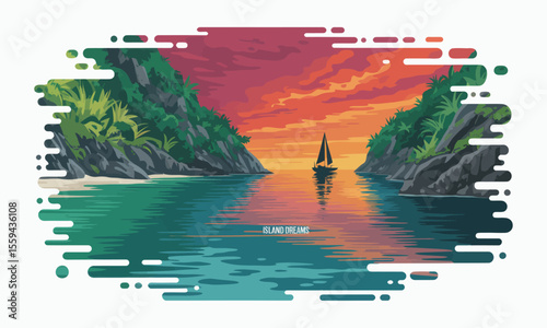 Pixel art of a tropical island cove with a sailboat sailing towards a vibrant sunset