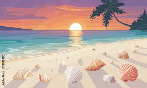 Pixel art of a tropical beach sunset with seashells scattered on the sand