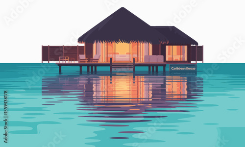 Pixel art of an overwater bungalow at dusk with glowing lights reflecting in the serene turquoise water