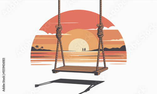 Rope swing overlooking a tropical beach at sunset with silhouettes of two people in the distance