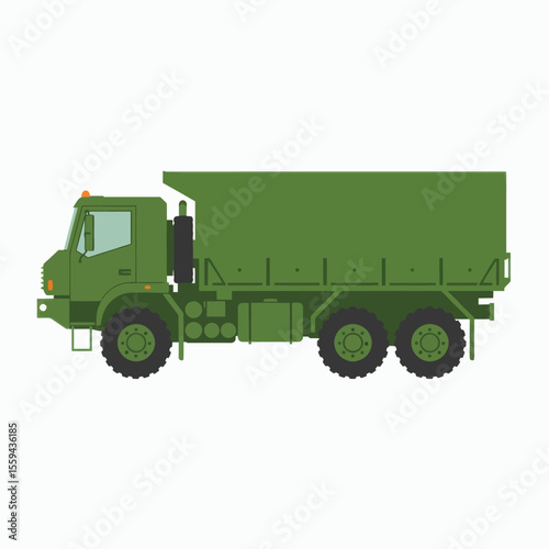 Side profile illustration of a heavyduty sixwheeled green military dump truck