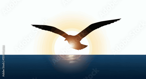 Silhouette of a bird flying over the ocean in front of a rising sun with light reflecting on the water