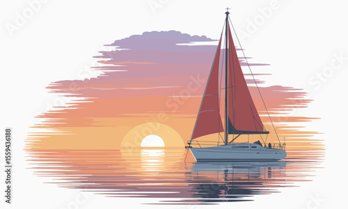 Sailboat with red sails on a calm sea set against a colorful sunset with reflections on the water