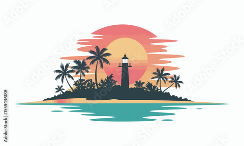 Silhouette of a lighthouse on a tropical island with palm trees against a setting sun