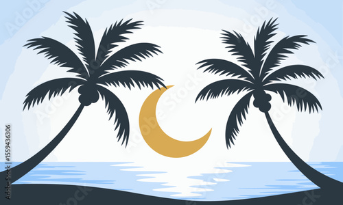 Silhouetted palm trees on a tropical beach with a crescent moon over the water