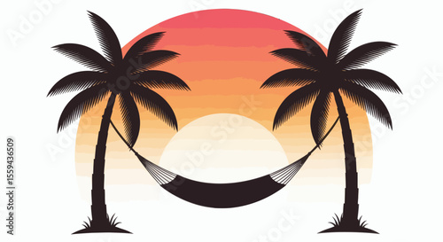 Two palm tree silhouettes with a hammock against a setting sun