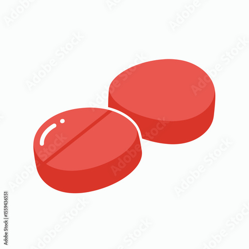 Two red round pills or tablets one with a score line and a highlight