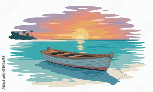 Wooden rowboat beached on a tropical shore with a vibrant sunset over the ocean