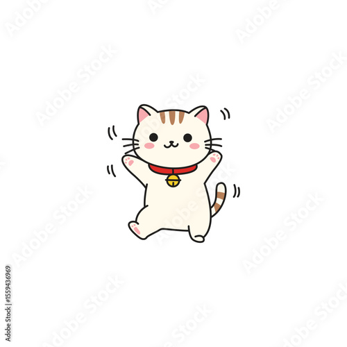 An icon of a white and orange striped cartoon cat standing on its hind legs with a bell collar and open mouth, expressing excitement and happiness.