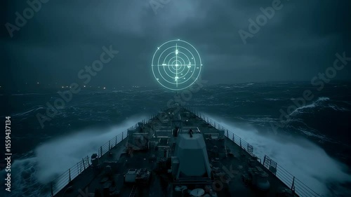A scene depicting a ship in a stormy sea showcasing the ships radar screen illuminated with blips indicating nearby vessels and obstacles highlighting the critical role of radar in