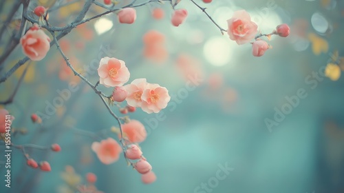 Pastel Pink Blossoms Branch Spring Floral Background