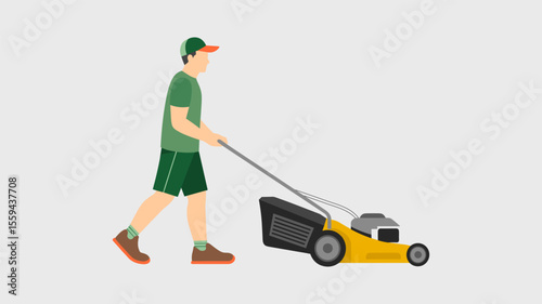 Man Mowing Lawn with Push Mower Flat Style Illustration.