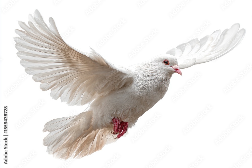 Obraz premium A white dove with open wings its feathers detailed is captured midflight against a plain white background