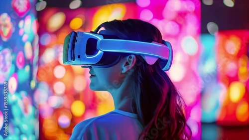 A young woman wearing a VR headset, experiencing a vibrant virtual reality environment.