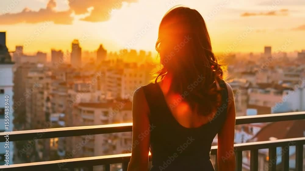 A woman stands on a balcony, gazing at a vibrant sunset over a city skyline. A woman stands on a balcony, gazing at a vibrant sunset over a city skyline.