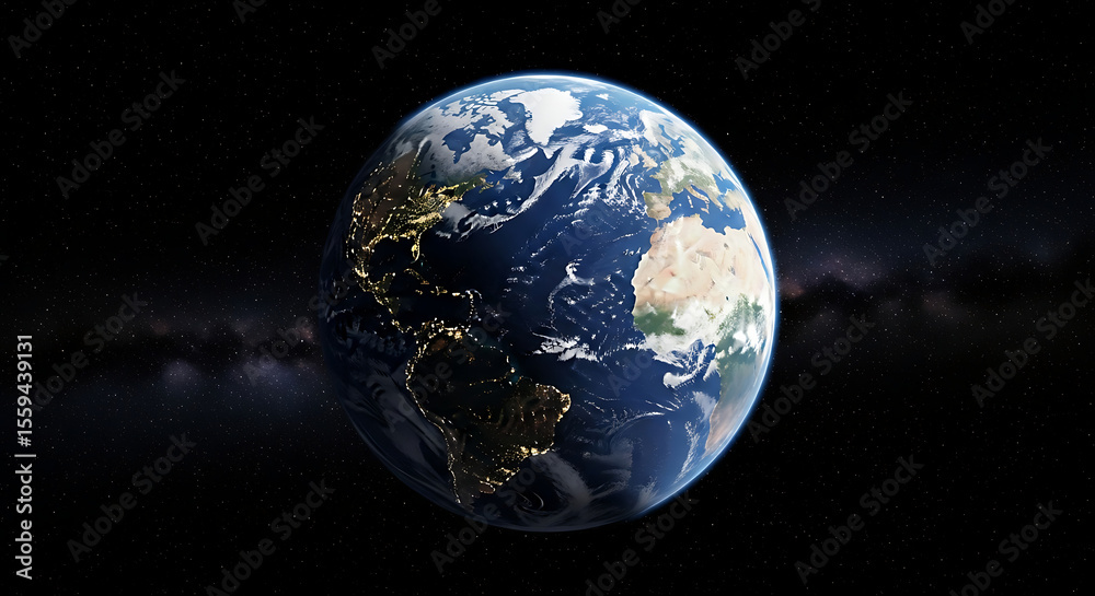 Fototapeta premium Earth seen from space, a detailed view of continents and oceans, illuminated by light.