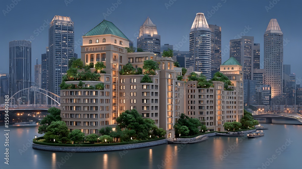 Fototapeta premium Luxurious Waterfront Apartment Building at Dusk Cityscape Modern architecture with green rooftop gardens